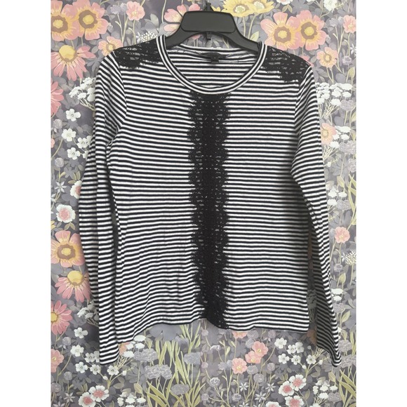 JCrew Black White Stripe Lace Trim Long Sleeve Top Womens Size Small - Picture 2 of 8